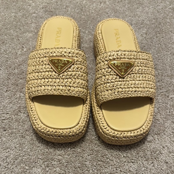 Prada Tan Woven Slide Sandals - Picture 1 of 3